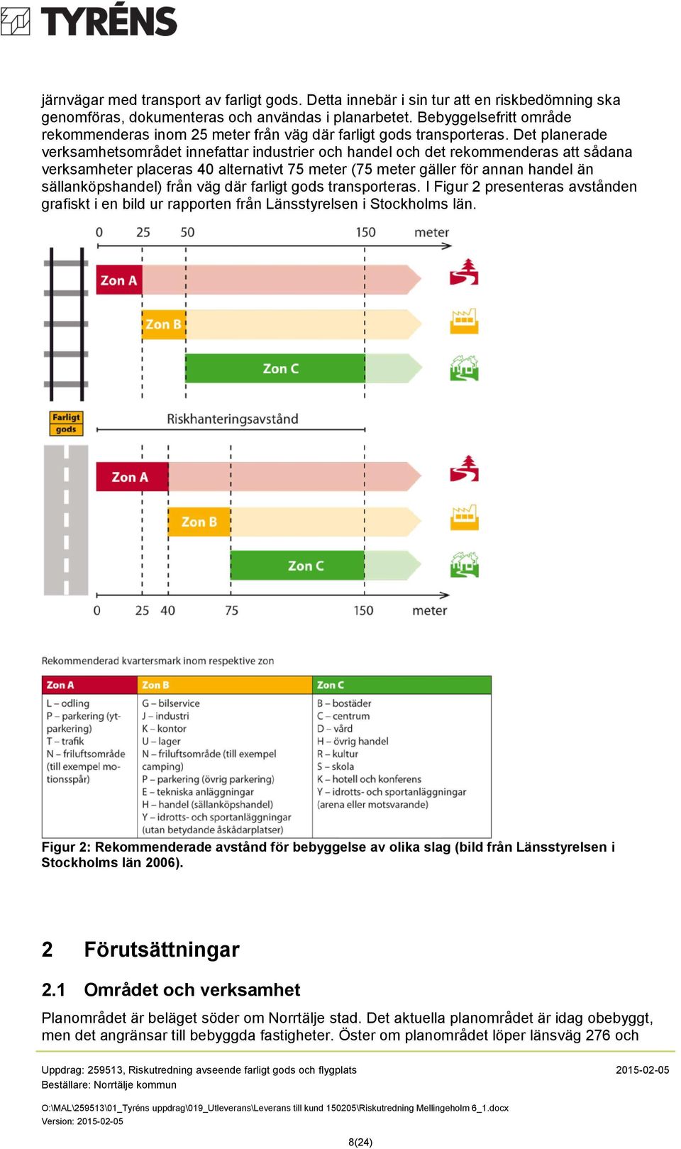 Det planerade verksamhetsområdet innefattar industrier och handel och det rekommenderas att sådana verksamheter placeras 40 alternativt 75 meter (75 meter gäller för annan handel än sällanköpshandel)