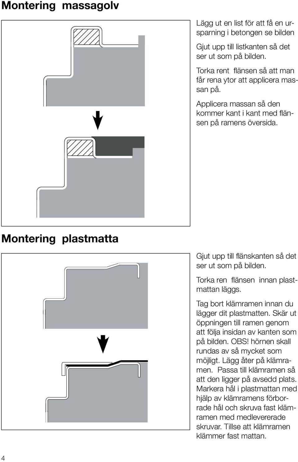 Tag bort klämramen innan du lägger dit plastmatten. Skär ut öppningen till ramen genom att följa insidan av kanten som på bilden. OBS! hörnen skall rundas av så mycket som möjligt.