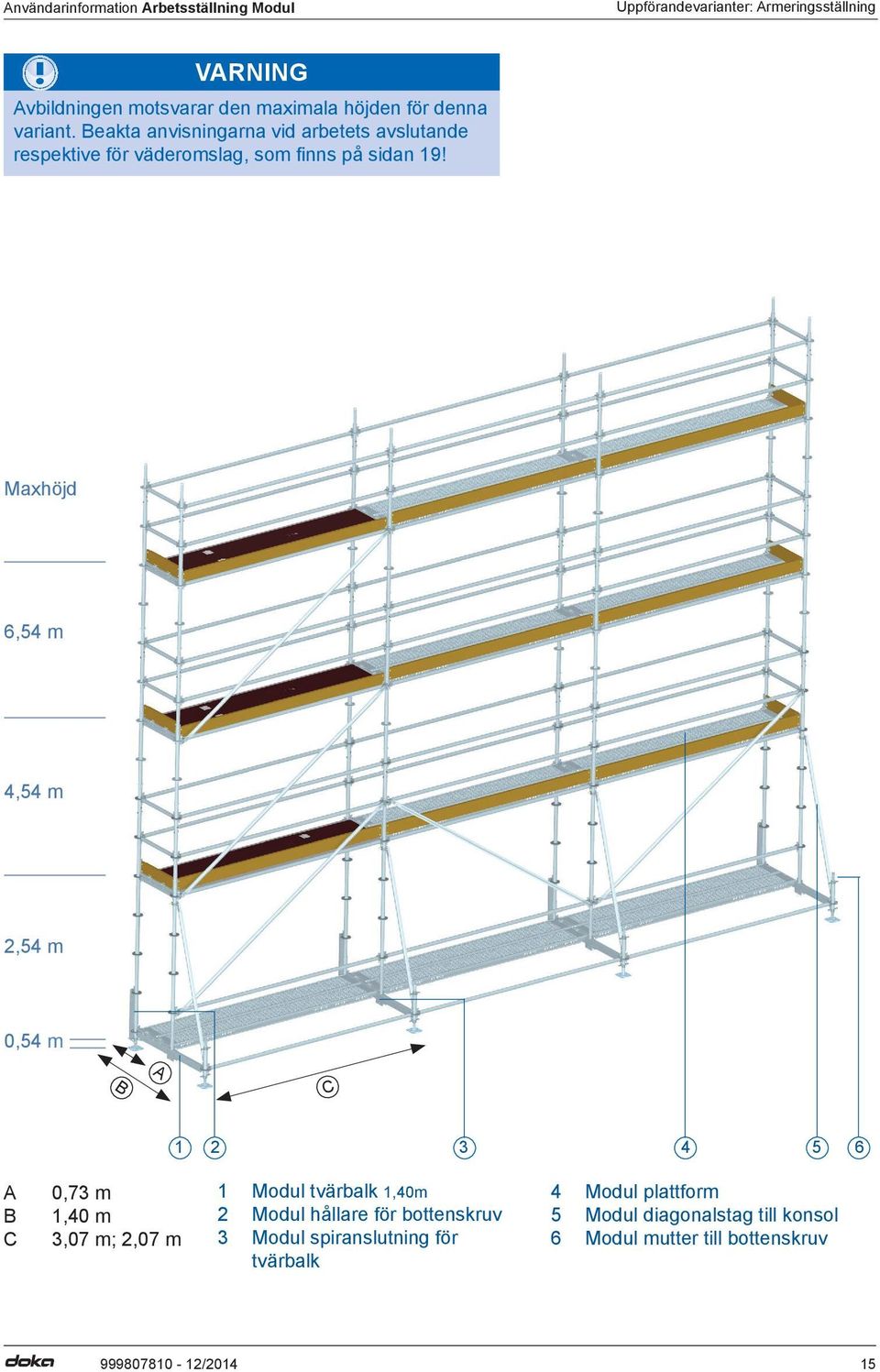 Maxhöjd 6,54 m 4,54 m 2,54 m 0,54 m B A C 1 2 3 4 5 6 A B C 0,73 m 1,40 m 3,07 m; 2,07 m 1 Modul tvärbalk 1,40m 2