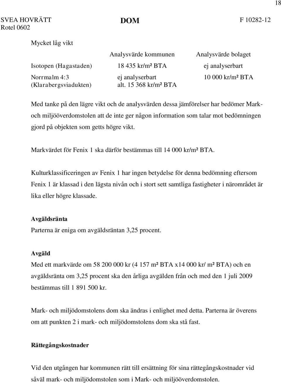 15 368 kr/m² BTA Med tanke på den lägre vikt och de analysvärden dessa jämförelser har bedömer Mark- och miljööverdomstolen att de inte ger någon information som talar mot bedömningen gjord på