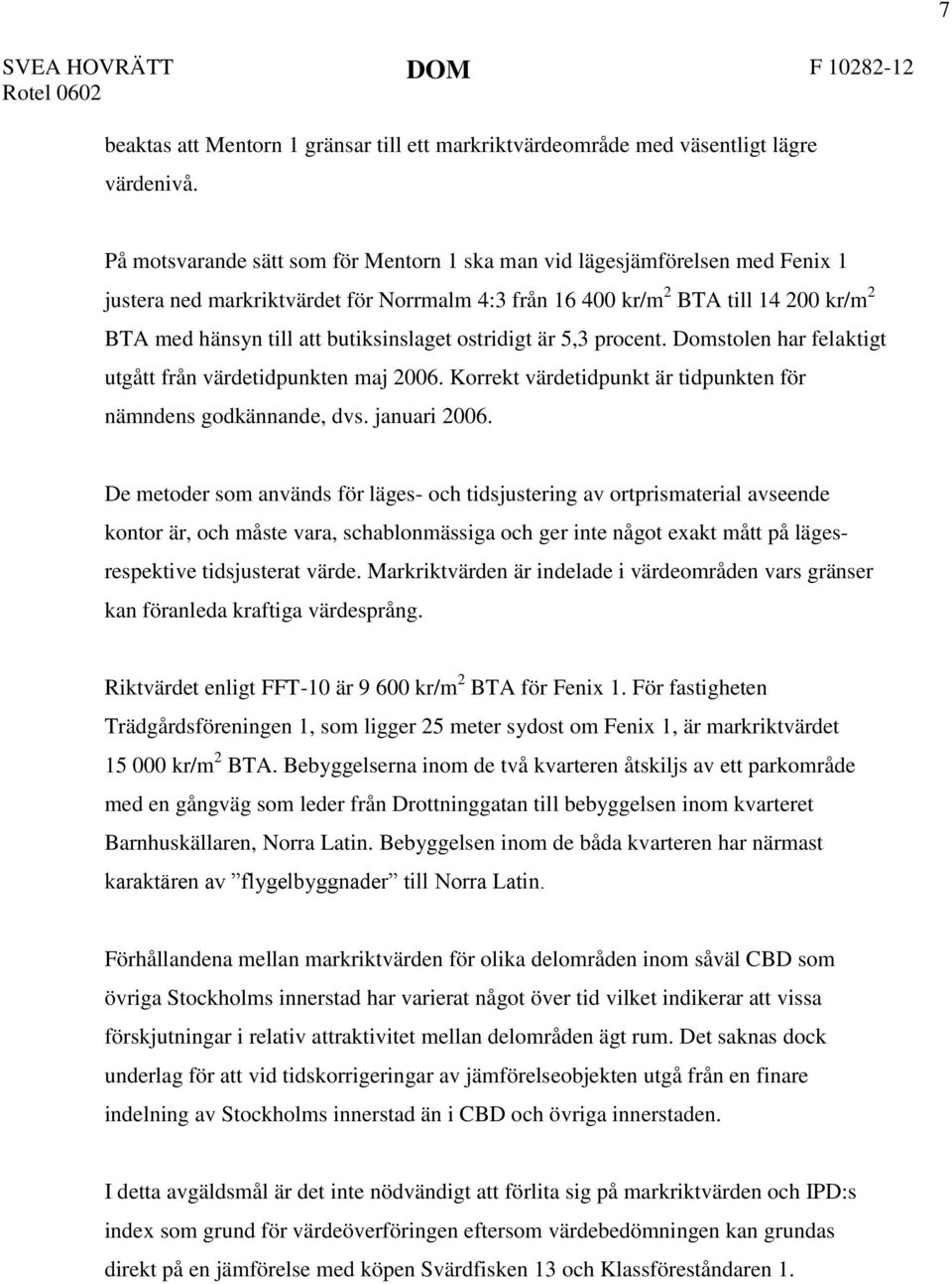 butiksinslaget ostridigt är 5,3 procent. Domstolen har felaktigt utgått från värdetidpunkten maj 2006. Korrekt värdetidpunkt är tidpunkten för nämndens godkännande, dvs. januari 2006.