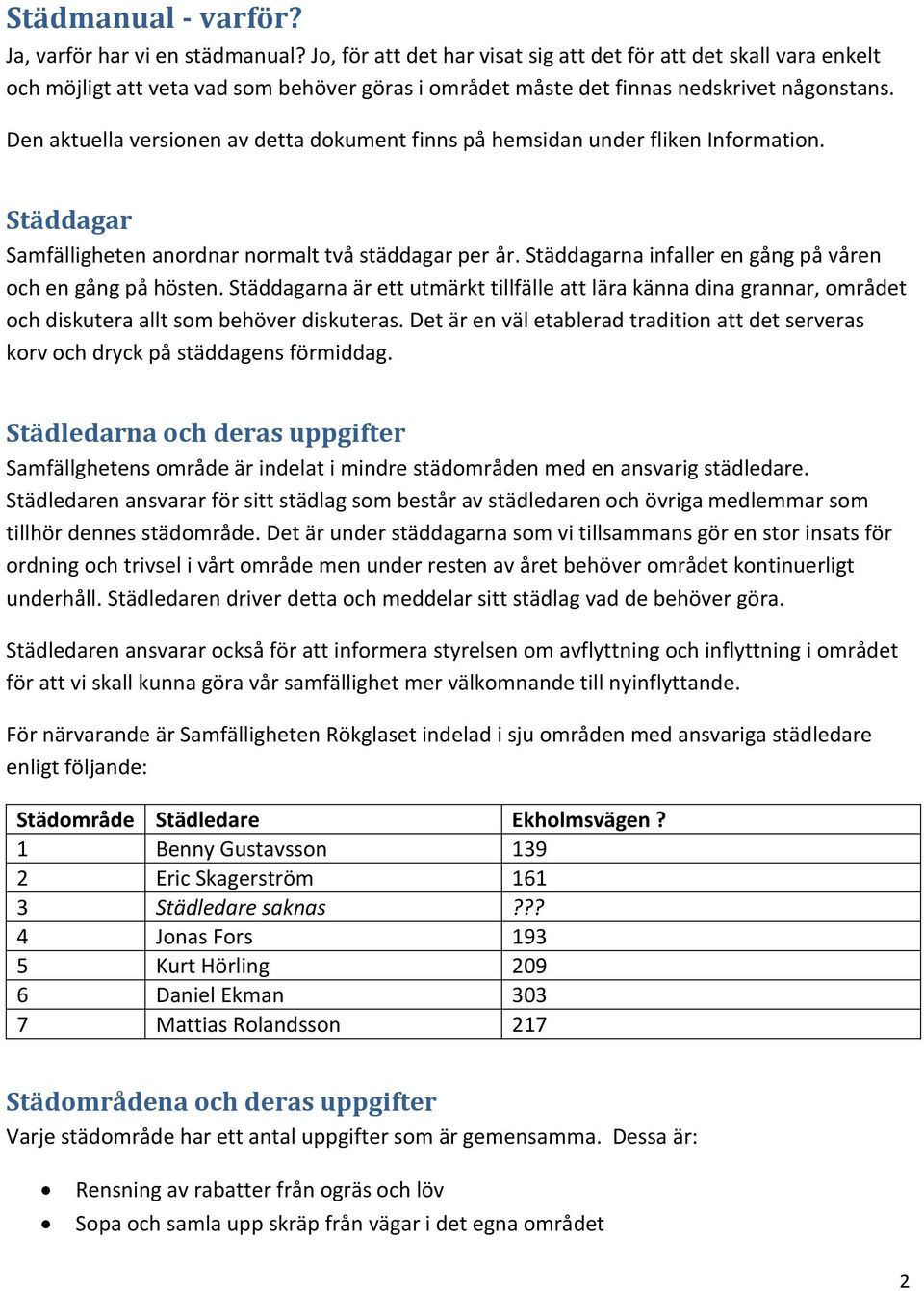 Den aktuella versionen av detta dokument finns på hemsidan under fliken Information. Städdagar Samfälligheten anordnar normalt två städdagar per år.