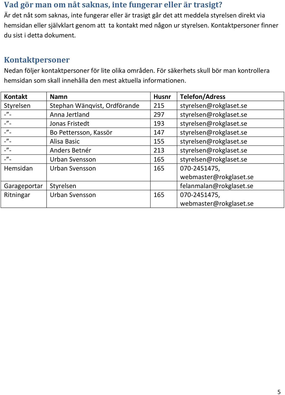 Kontaktpersoner finner du sist i detta dokument. Kontaktpersoner Nedan följer kontaktpersoner för lite olika områden.