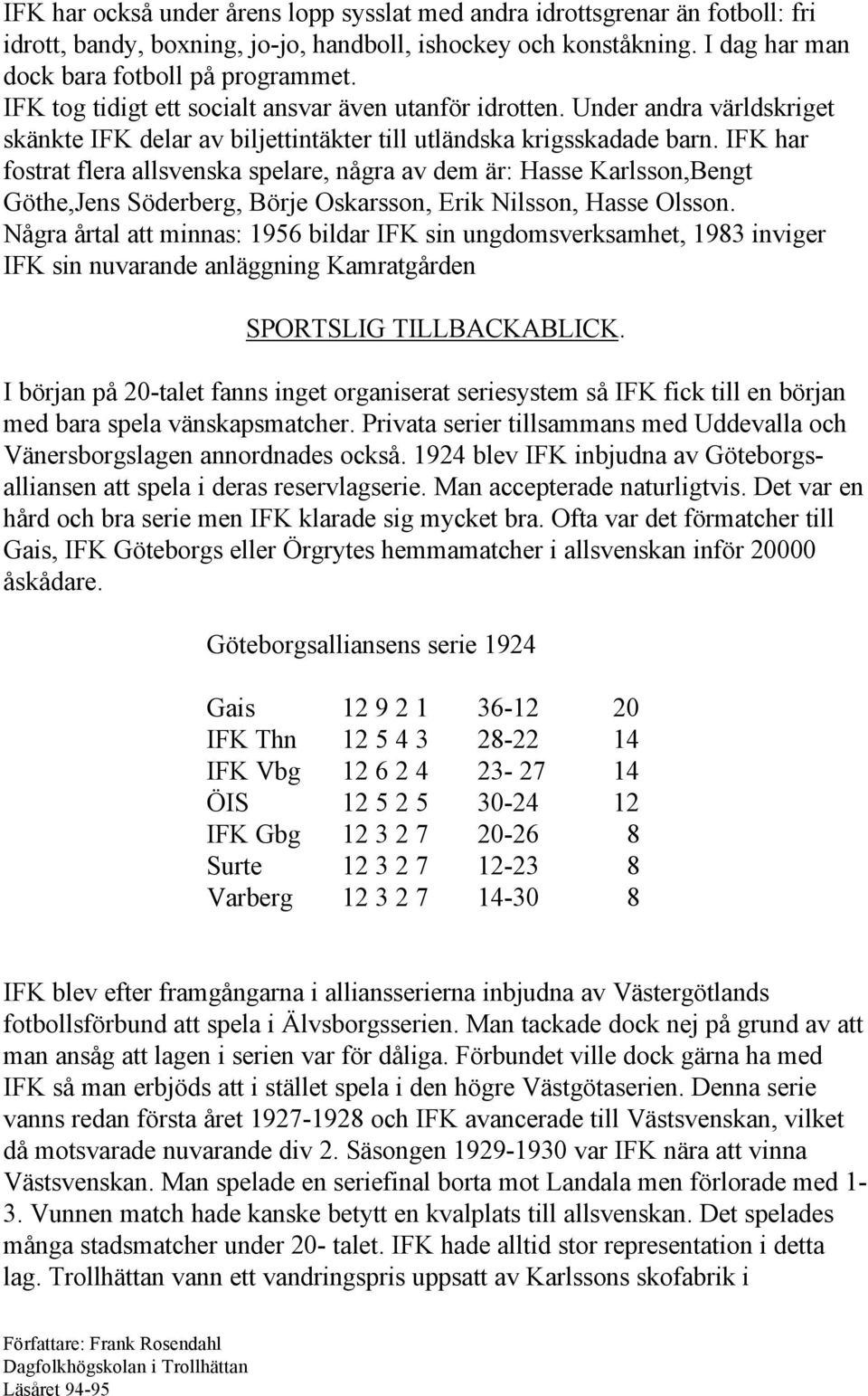 IFK har fostrat flera allsvenska spelare, några av dem är: Hasse Karlsson,Bengt Göthe,Jens Söderberg, Börje Oskarsson, Erik Nilsson, Hasse Olsson.