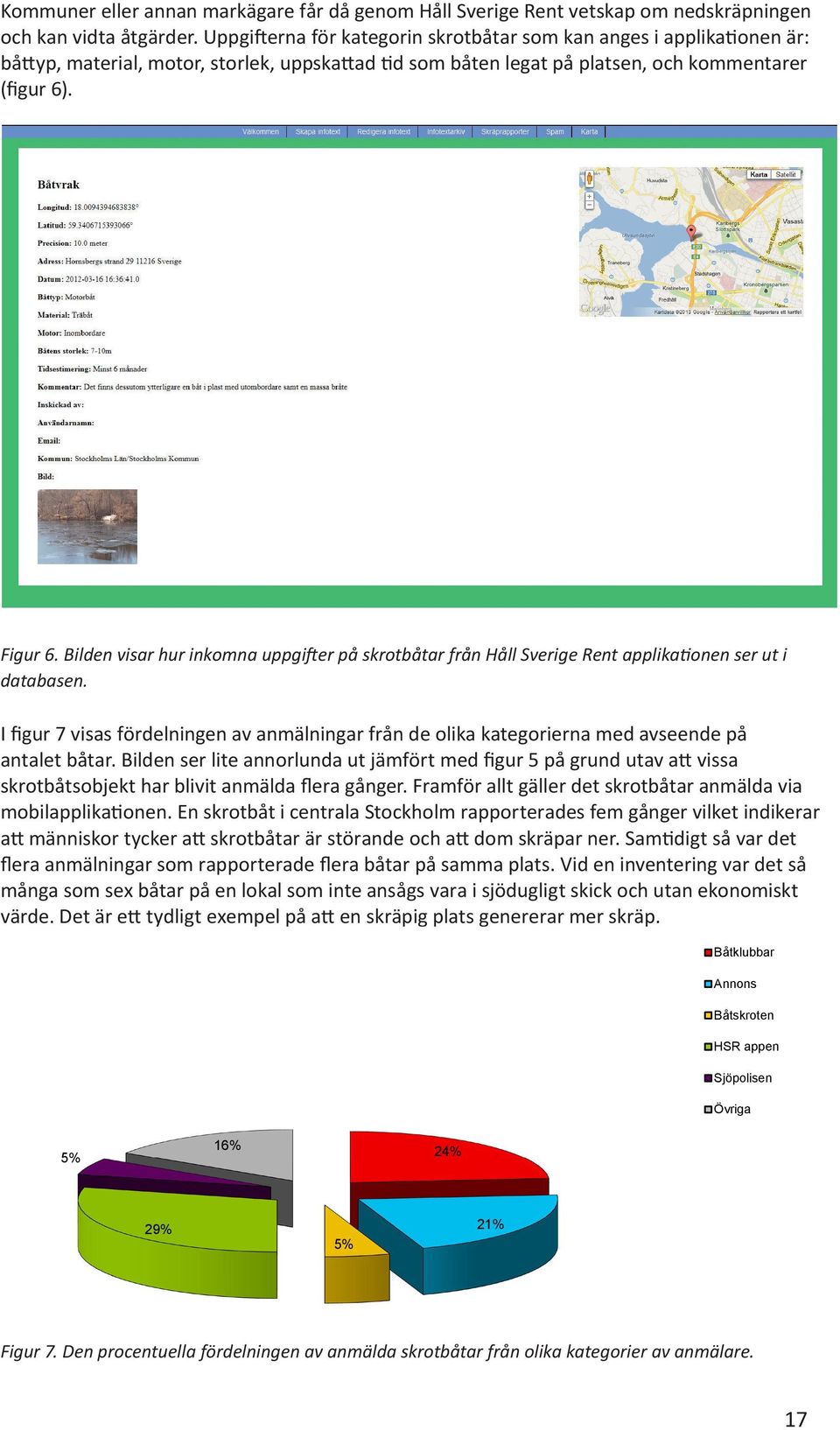 Bilden visar hur inkomna uppgifter på skrotbåtar från Håll Sverige Rent applikationen ser ut i databasen.