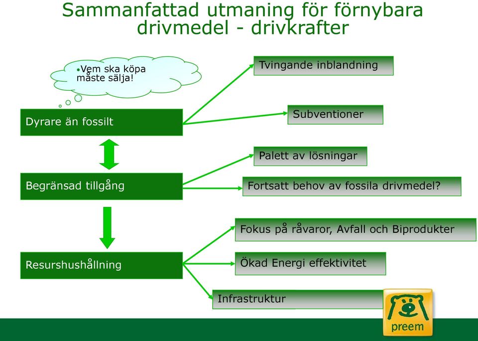 Tvingande inblandning Dyrare än fossilt Subventioner Palett av lösningar