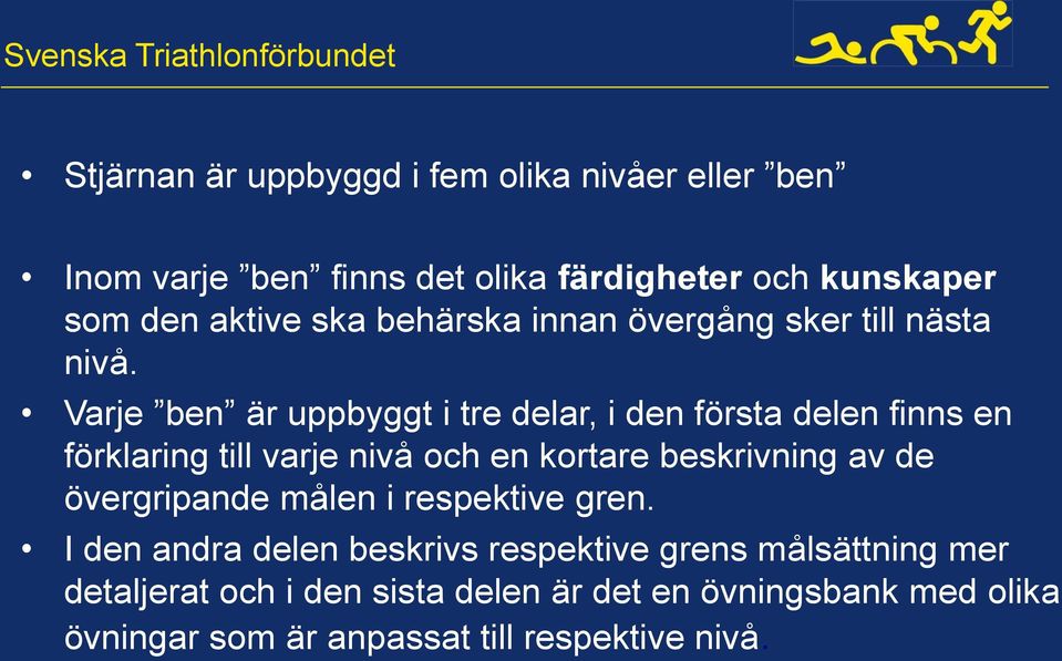 Varje ben är uppbyggt i tre delar, i den första delen finns en förklaring till varje nivå och en kortare beskrivning av de