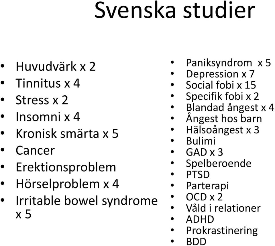 x 7 Social fobi x 15 Specifik fobi x 2 Blandad ångest x 4 Ångest hos barn Hälsoångest x 3