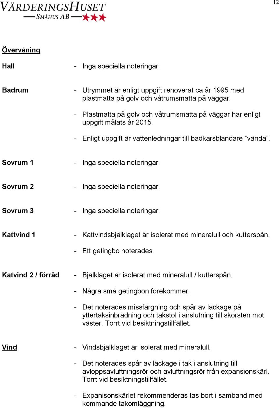 Sovrum 1 Sovrum 2 Sovrum 3 Kattvind 1 - Kattvindsbjälklaget är isolerat med mineralull och kutterspån. - Ett getingbo noterades.