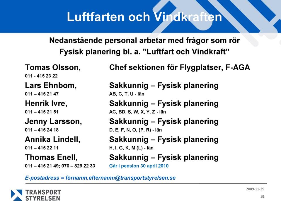 Luftfart och Vindkraft Tomas Olsson, Chef sektionen för Flygplatser, F-AGA 011-415 23 22 Lars Ehnbom, Sakkunnig Fysisk planering 011 415 21 47 AB, C, T, U -