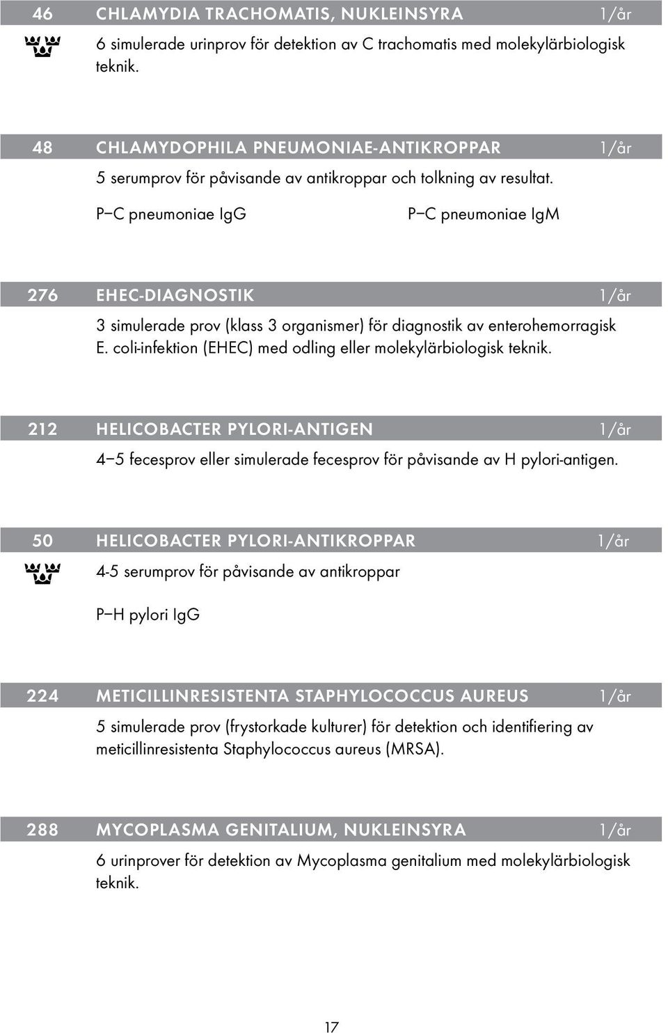 P C pneumoniae IgG P C pneumoniae IgM 276 EHEC-DIAGNOSTIK 1/år 3 simulerade prov (klass 3 organismer) för diagnostik av enterohemorragisk E.