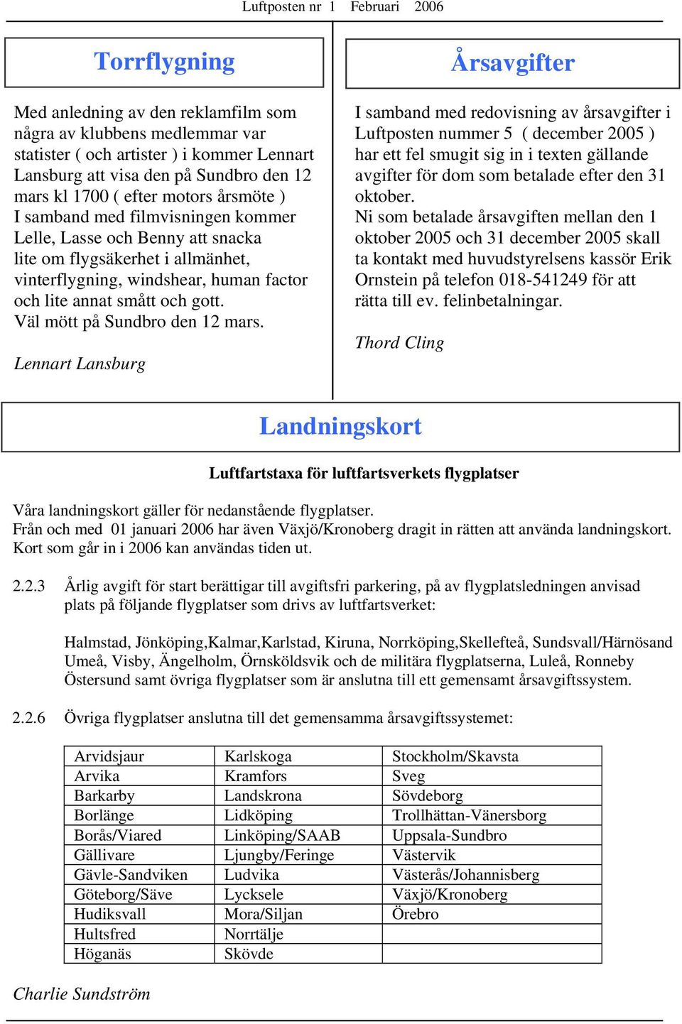 Lennart Lansburg Torrflygning I samband med redovisning av årsavgifter i Luftposten nummer 5 ( december 2005 ) har ett fel smugit sig in i texten gällande avgifter för dom som betalade efter den 31