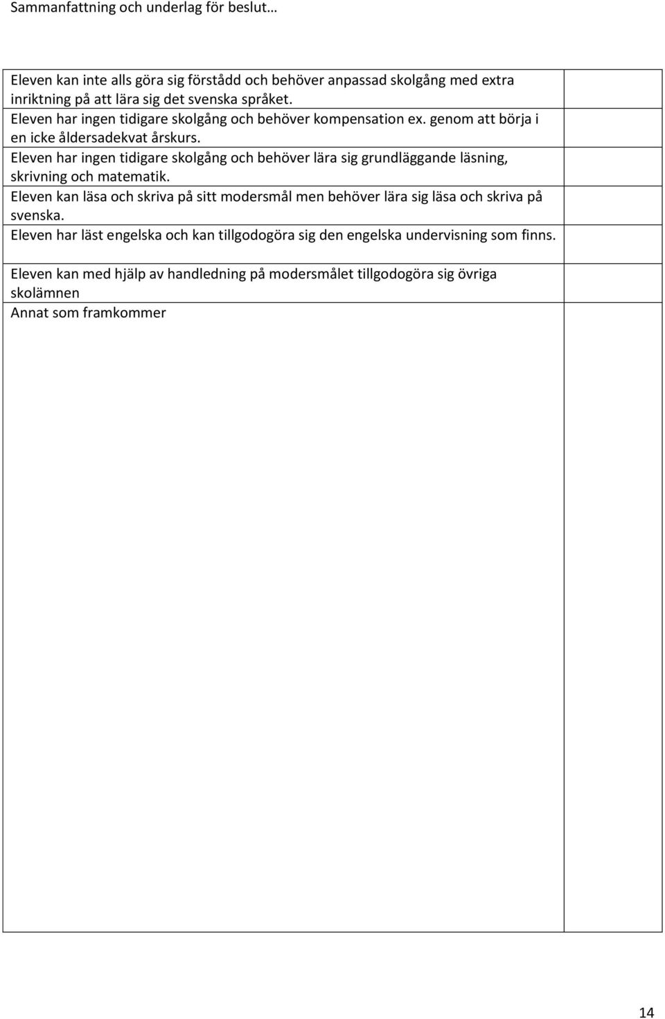 Eleven har ingen tidigare skolgång och behöver lära sig grundläggande läsning, skrivning och matematik.