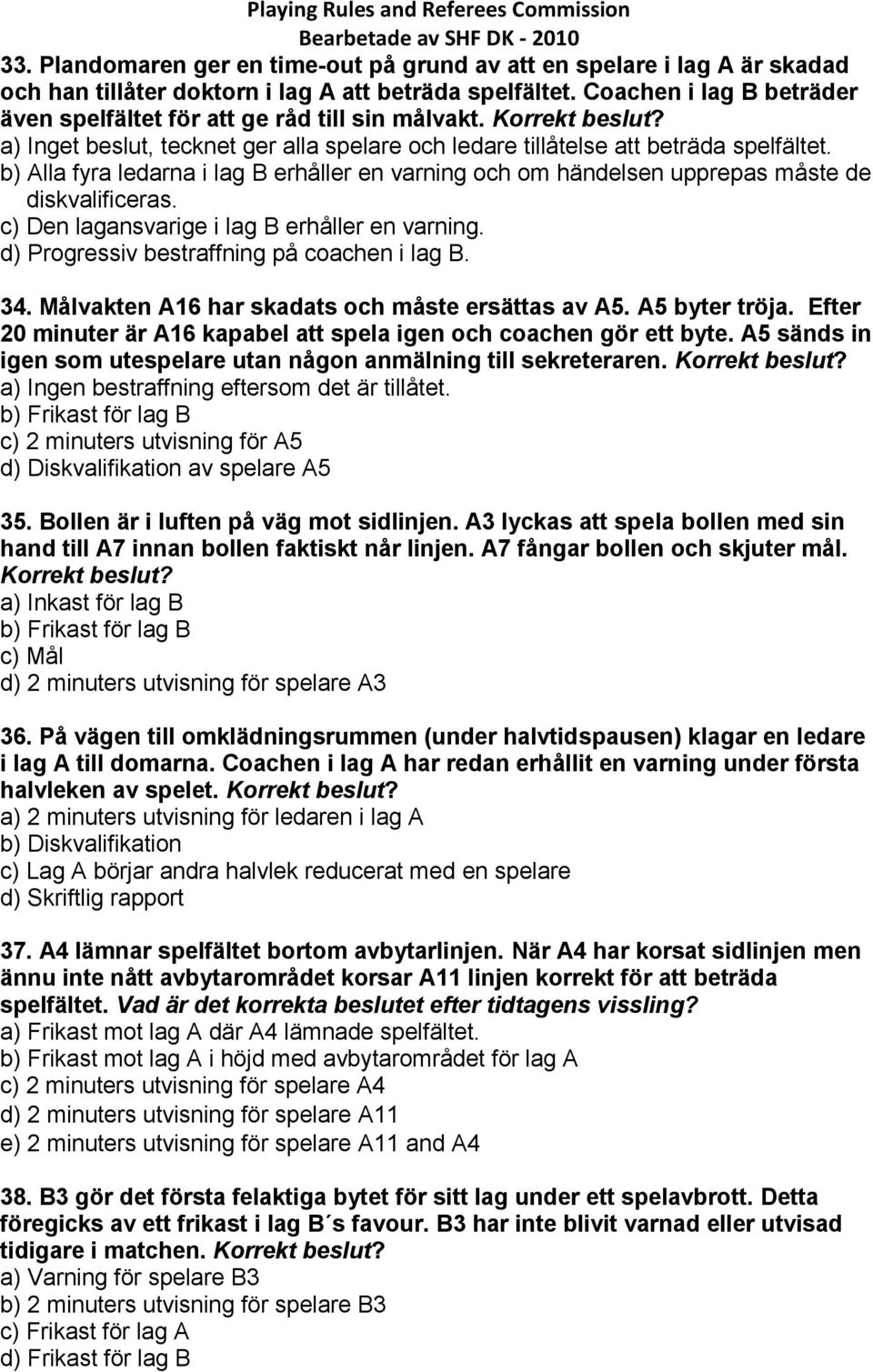 b) Alla fyra ledarna i lag B erhåller en varning och om händelsen upprepas måste de diskvalificeras. c) Den lagansvarige i lag B erhåller en varning. d) Progressiv bestraffning på coachen i lag B. 34.