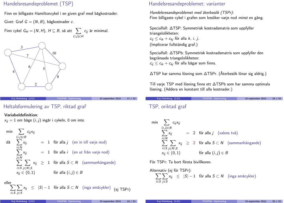 Specialfall: TSP: Symmetrisk kostnadsmatris som uppfyller triangelolikheten: c ij c ik + c kj för alla k, i, j. (Implicerar fullständig graf.
