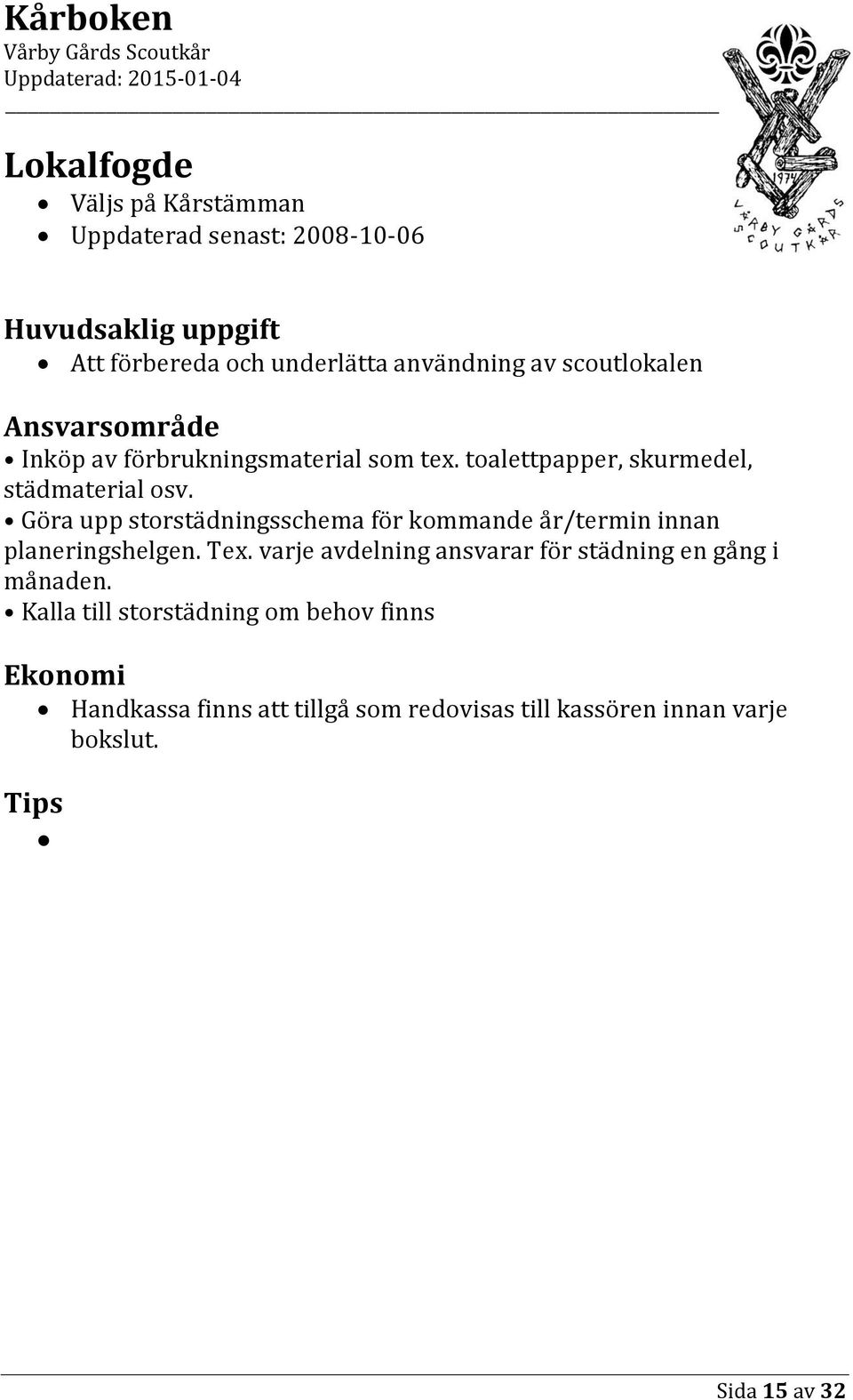 Göra upp storstädningsschema för kommande år/termin innan planeringshelgen. Tex.