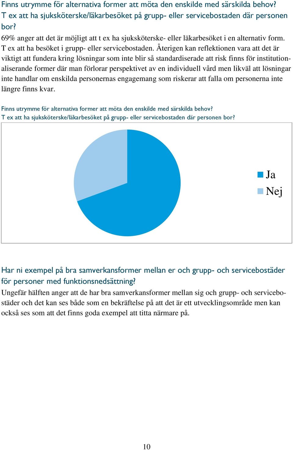 Återigen kan reflektionen vara att det är viktigt att fundera kring lösningar som inte blir så standardiserade att risk finns för institutionaliserande former där man förlorar perspektivet av en