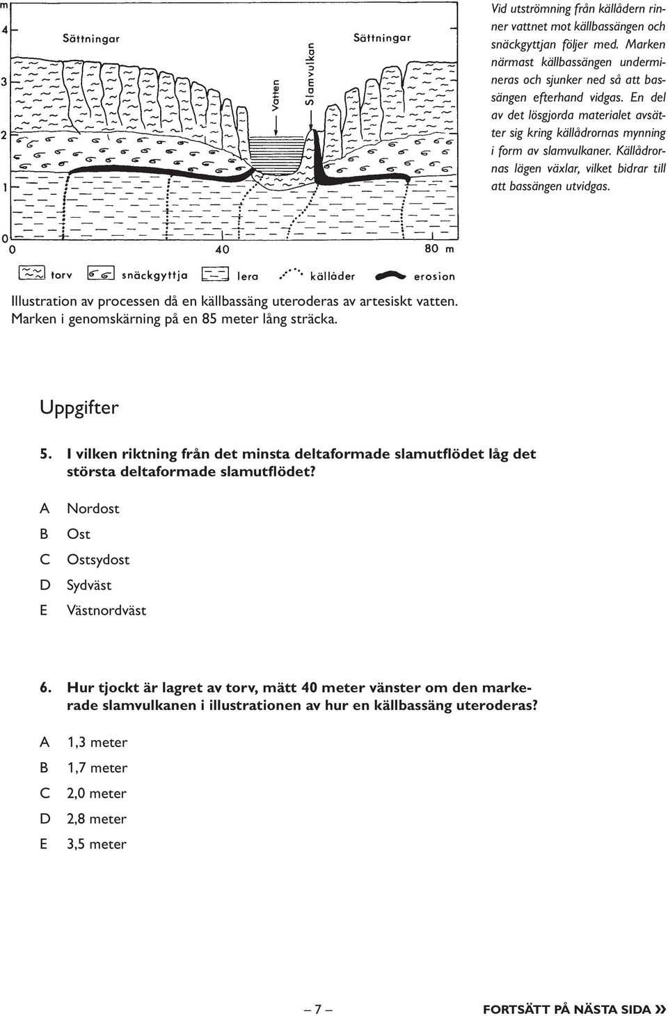 Illustration av processen då en källbassäng uteroderas av artesiskt vatten. Marken i genomskärning på en 85 meter lång sträcka. Uppgifter 5.