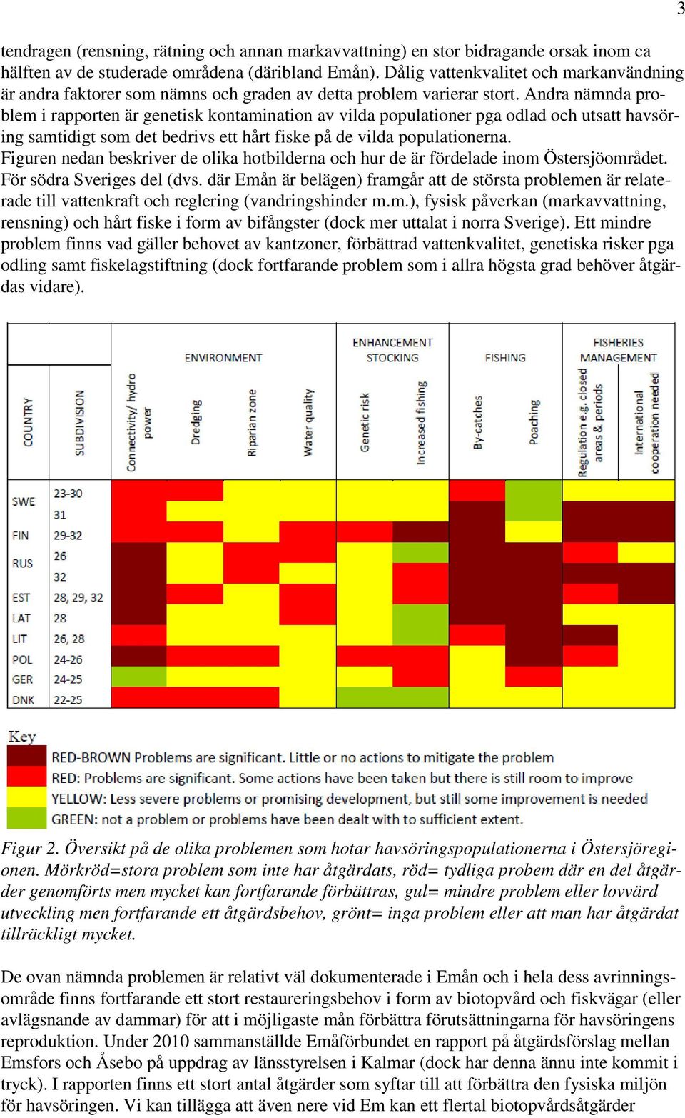 Andra nämnda problem i rapporten är genetisk kontamination av vilda populationer pga odlad och utsatt havsöring samtidigt som det bedrivs ett hårt fiske på de vilda populationerna.