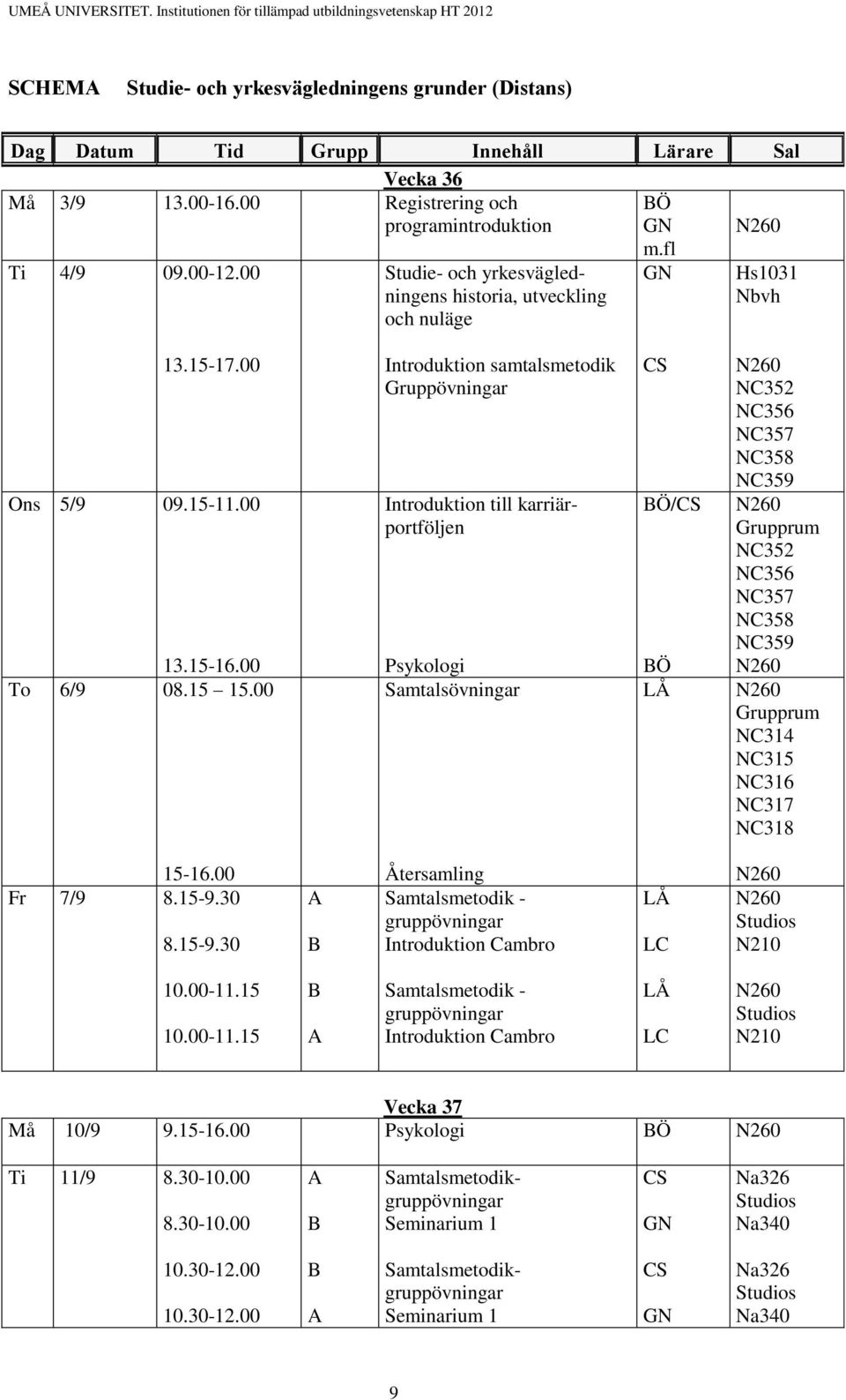 00 Introduktion samtalsmetodik Gruppövningar Introduktion till karriärportföljen Psykologi Samtalsövningar / LÅ NC352 NC356 NC357 NC358 NC359 Grupprum NC352 NC356 NC357 NC358 NC359 Grupprum NC314