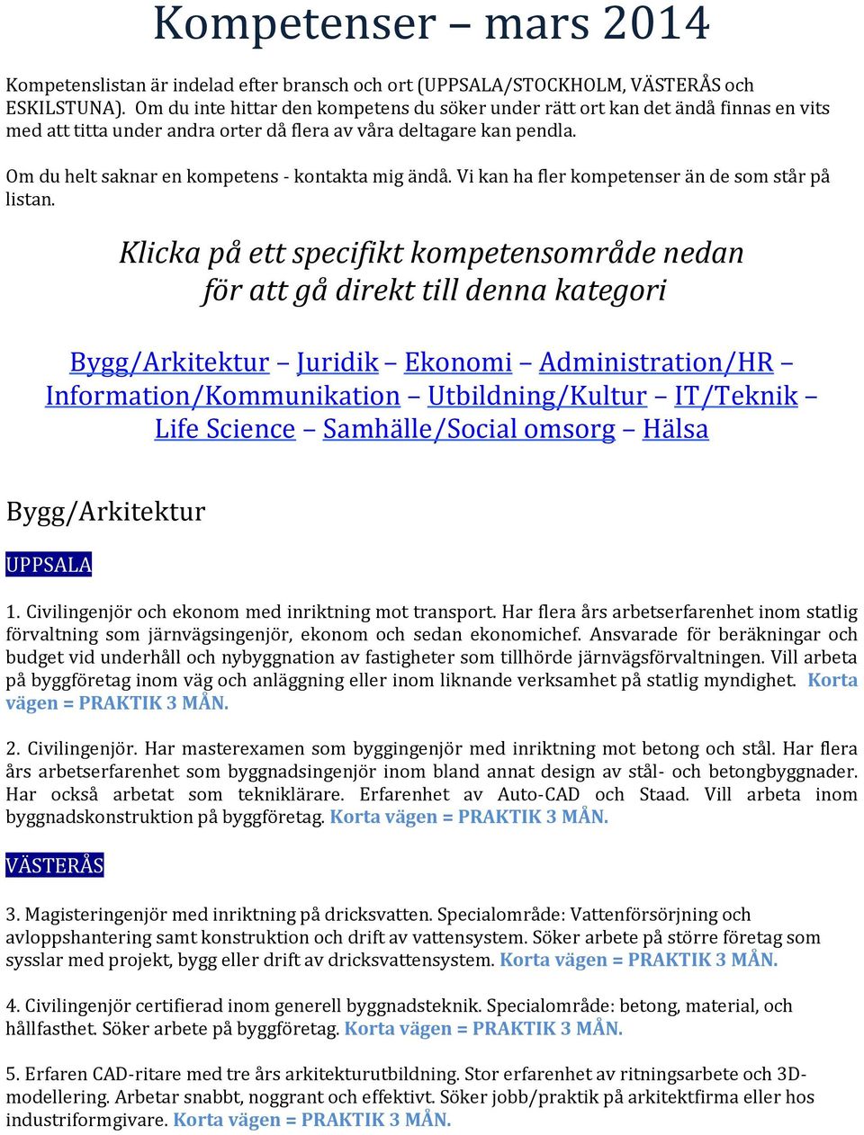 Om du helt saknar en kompetens - kontakta mig ändå. Vi kan ha fler kompetenser än de som står på listan.