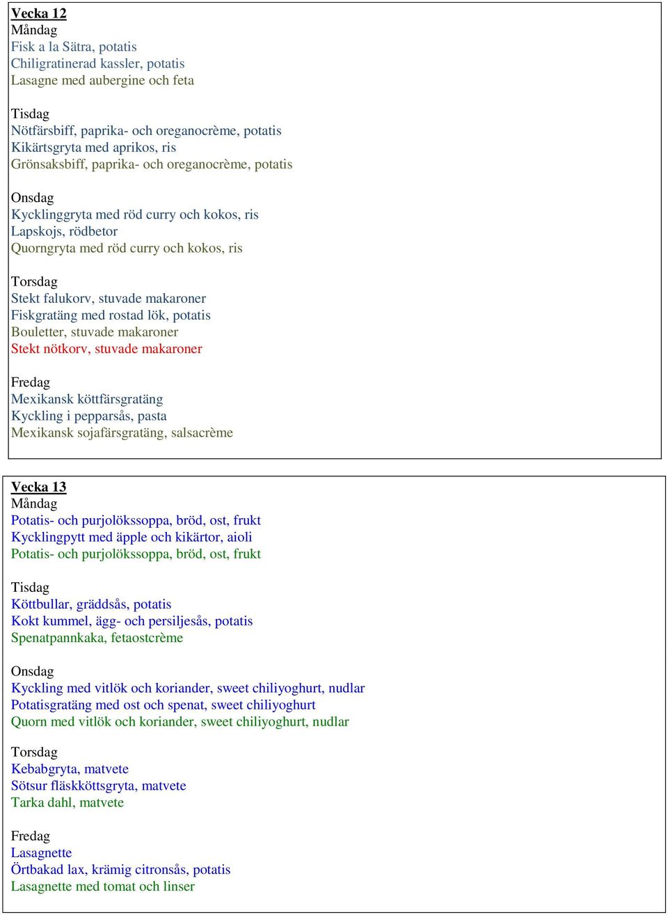 Bouletter, stuvade makaroner Stekt nötkorv, stuvade makaroner Mexikansk köttfärsgratäng Kyckling i pepparsås, pasta Mexikansk sojafärsgratäng, salsacrème Vecka 13 Potatis- och purjolökssoppa, bröd,