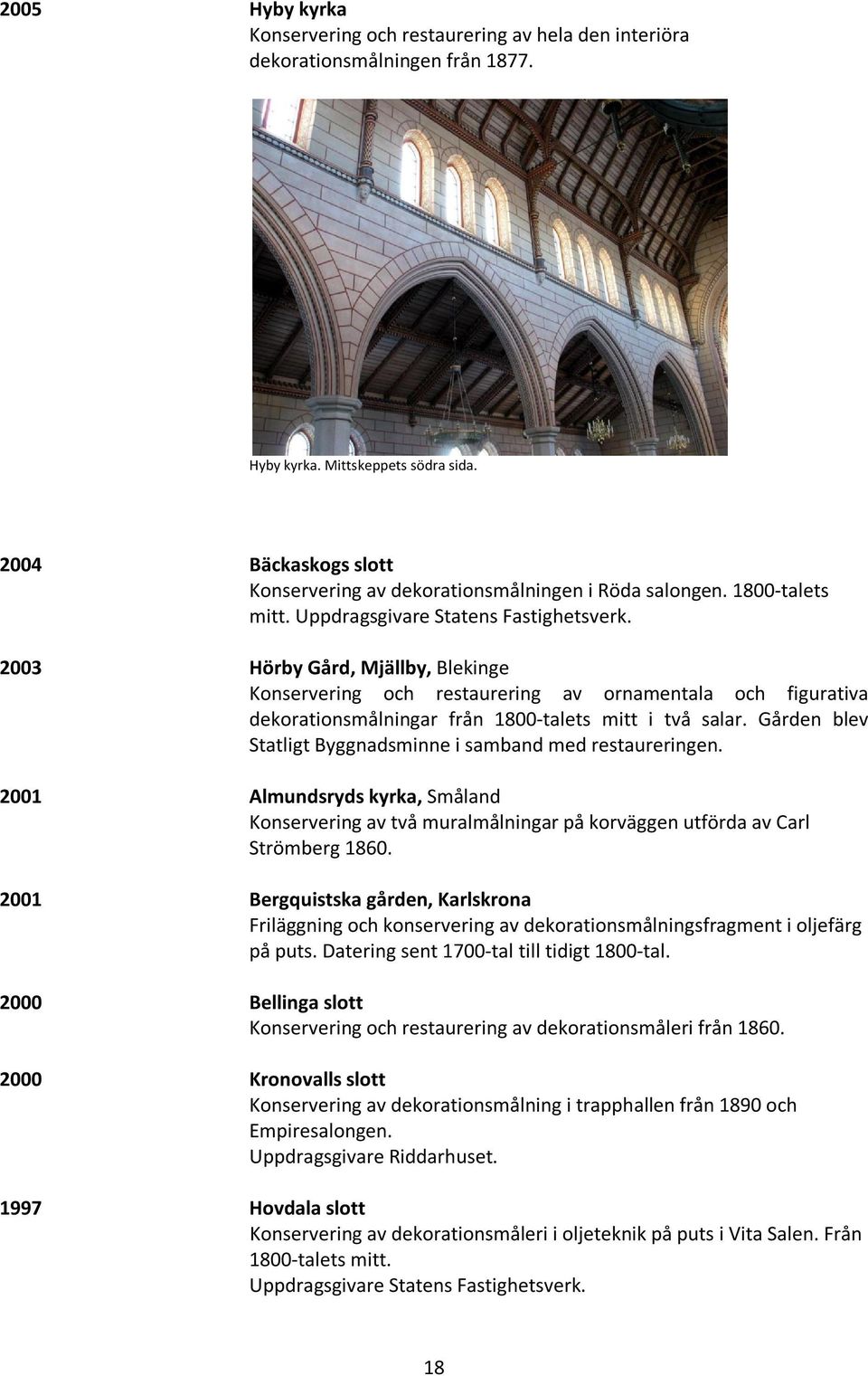 2003 Hörby Gård, Mjällby, Blekinge Konservering och restaurering av ornamentala och figurativa dekorationsmålningar från 1800-talets mitt i två salar.