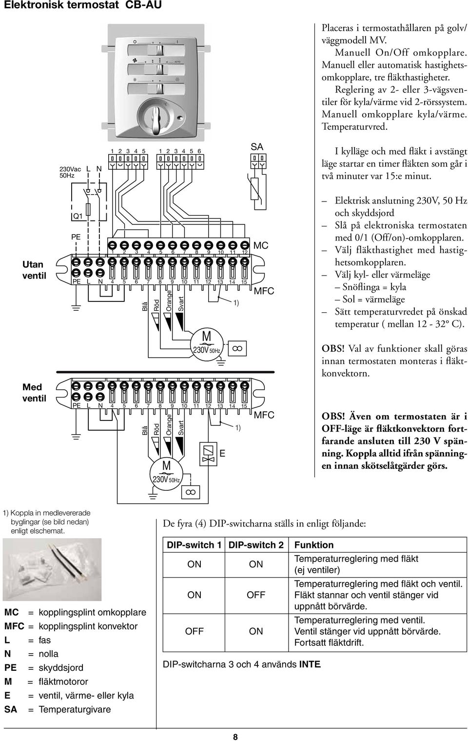 230Vac 50Hz L N 1 2 3 4 5 1 2 3 4 5 6 SA I kylläge och med fläkt i av stängt läge startar en timer fläkten som går i två minuter var 15:e minut.