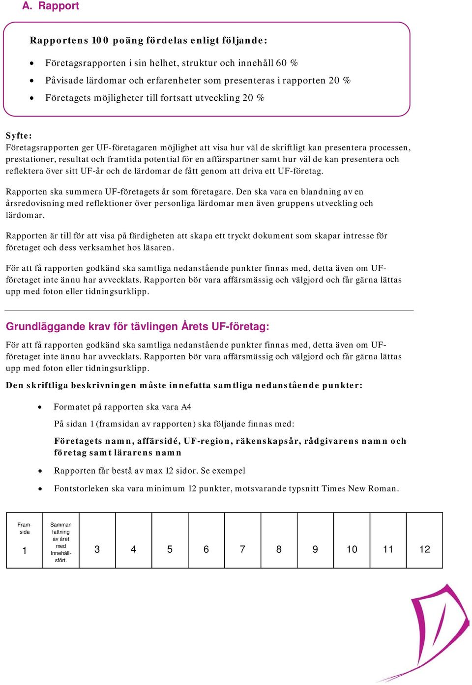 affärspartner samt hur väl de kan presentera och reflektera över sitt UF-år och de lärdomar de fått genom att driva ett UF-företag. Rapporten ska summera UF-företagets år som företagare.