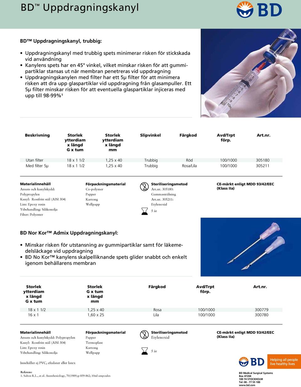 Ett 5µ filter minskar risken för att eventuella glaspartiklar injiceras med upp till 98-99%¹ Beskrivning ytterdiam G x tum ytterdiam Slipvinkel Färgkod Utan filter 18 x 1 1/2 1,25 x 40 Trubbig Röd