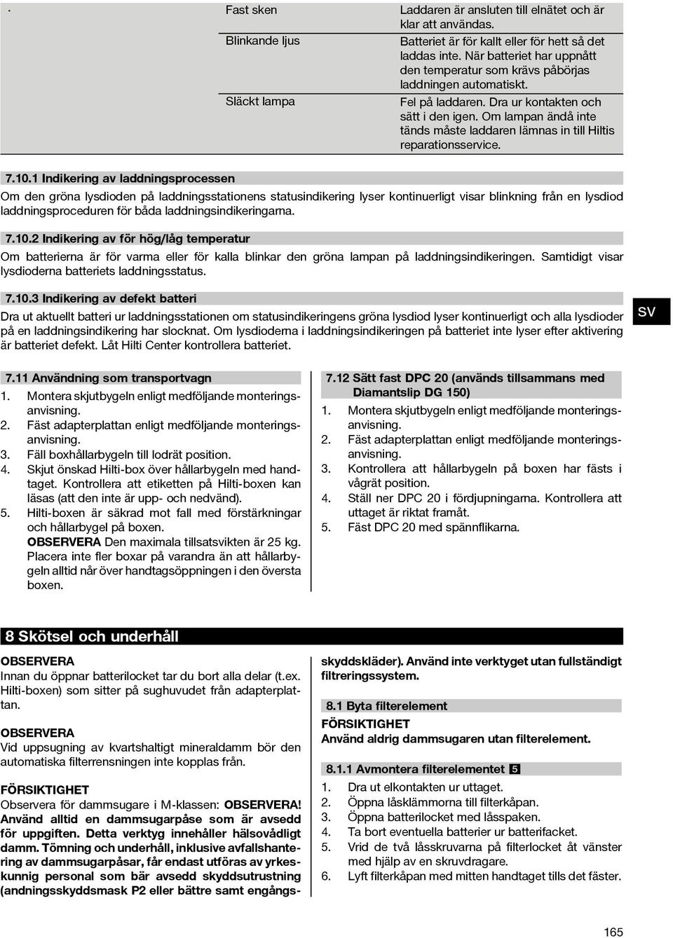 Om lampan ändå inte tänds måste laddaren lämnas in till Hiltis reparationsservice. 7.10.