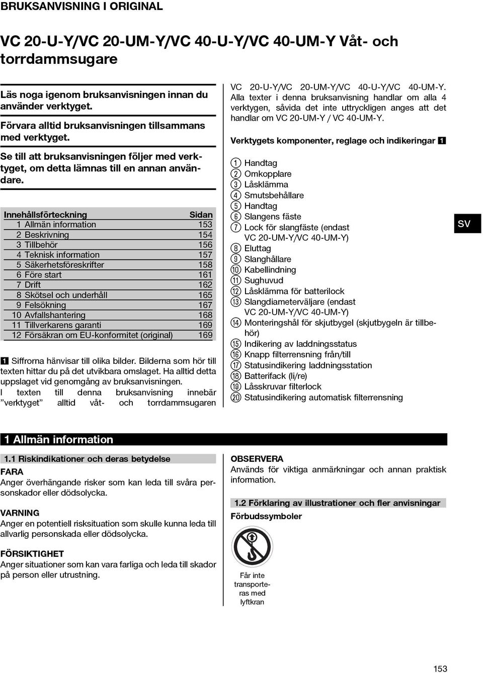 Innehållsförteckning Sidan 1 Allmän information 153 2 Beskrivning 154 3 Tillbehör 156 4 Teknisk information 157 5 Säkerhetsföreskrifter 158 6 Före start 161 7Drift 162 8 Skötsel och underhåll 165