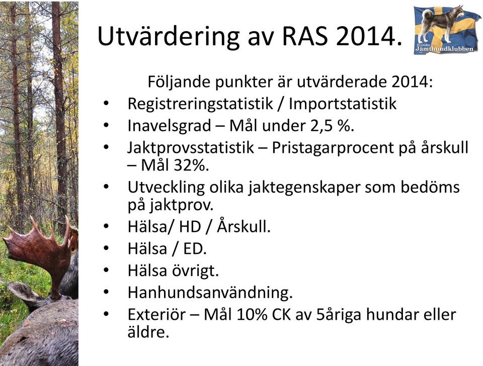 Mål under 2,5 %. Jaktprovsstatistik Pristagarprocent på årskull Mål 32%.