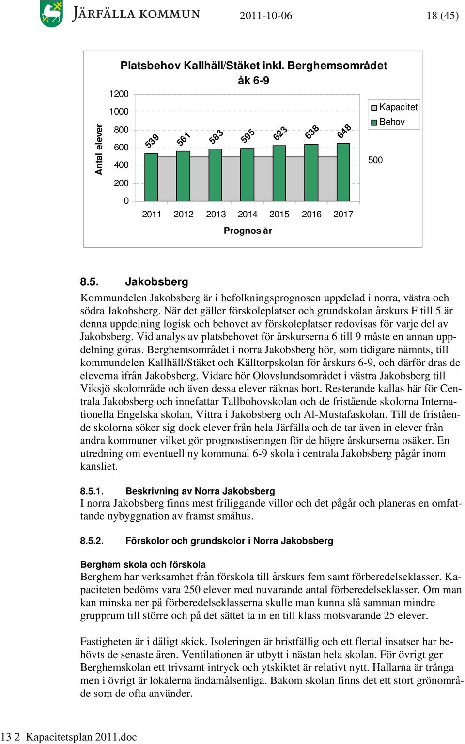 Vid analys av platsbehovet för årskurserna 6 till 9 måste en annan uppdelning göras.