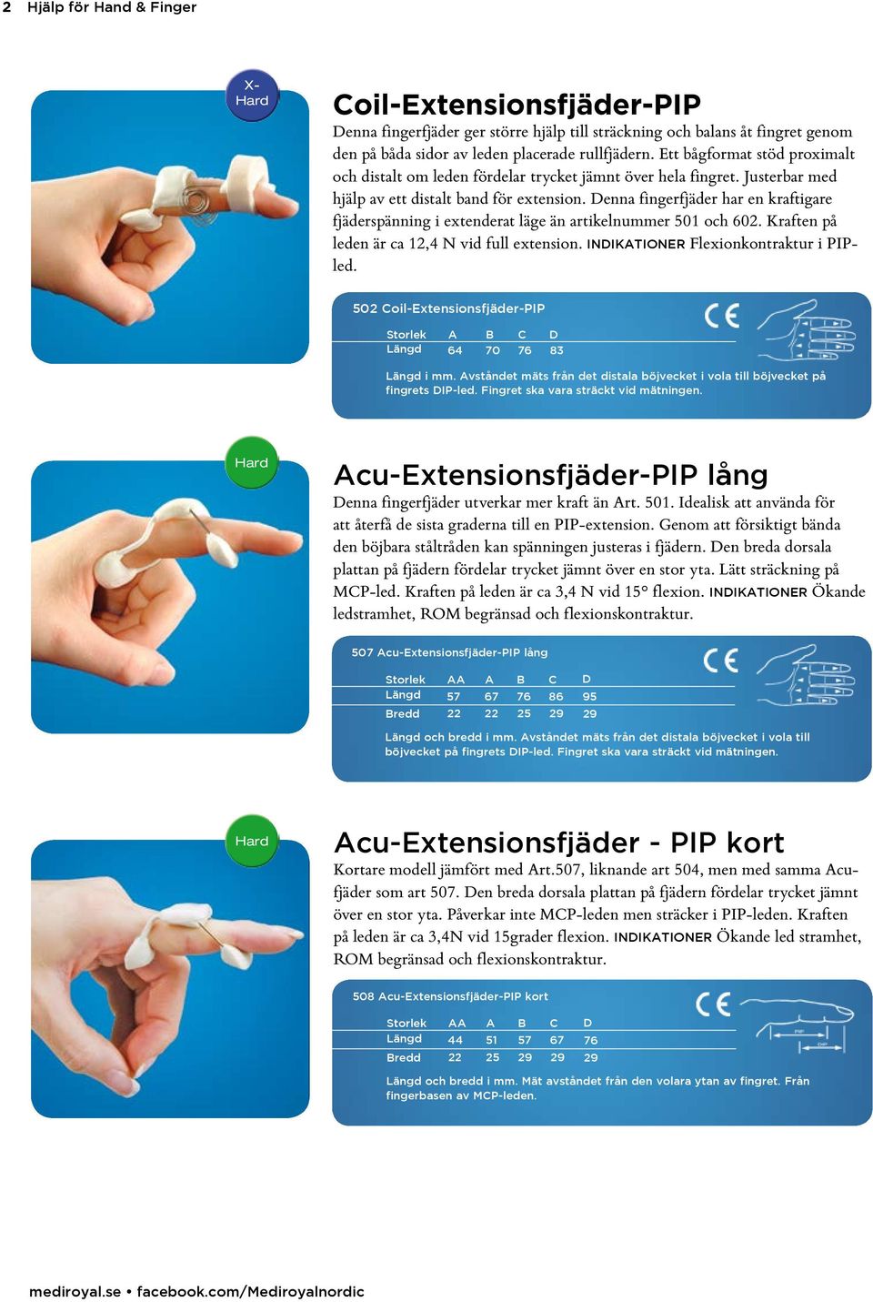 Denna fingerfjäder har en kraftigare fjäderspänning i extenderat läge än artikelnummer 501 och 602. Kraften på leden är ca 12,4 N vid full extension. INDIKATIONER Flexionkontraktur i PIPled.