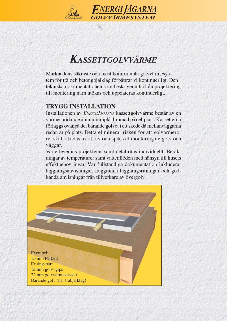 TRYGG INSTALLATION Installationen av ENERGIJÄGARNA kassettgolvvärme består av en värmespridande aluminiumplåt limmad på cellplast.