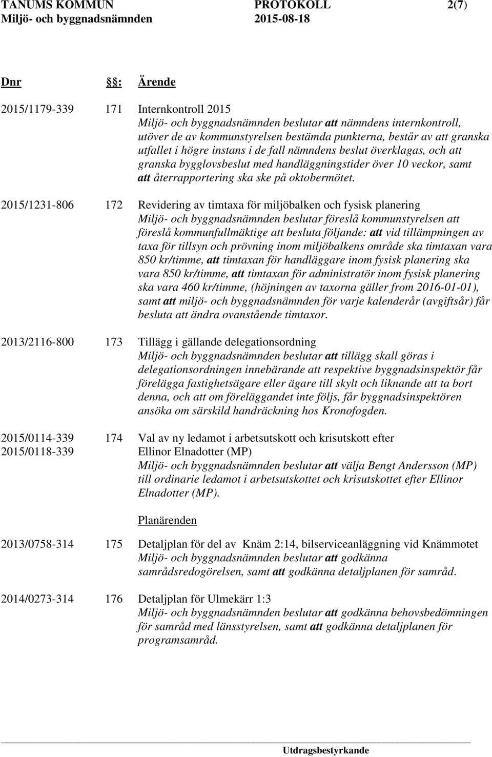 2015/1231-806 172 Revidering av timtaxa för miljöbalken och fysisk planering Miljö- och byggnadsnämnden beslutar föreslå kommunstyrelsen att föreslå kommunfullmäktige att besluta följande: att vid