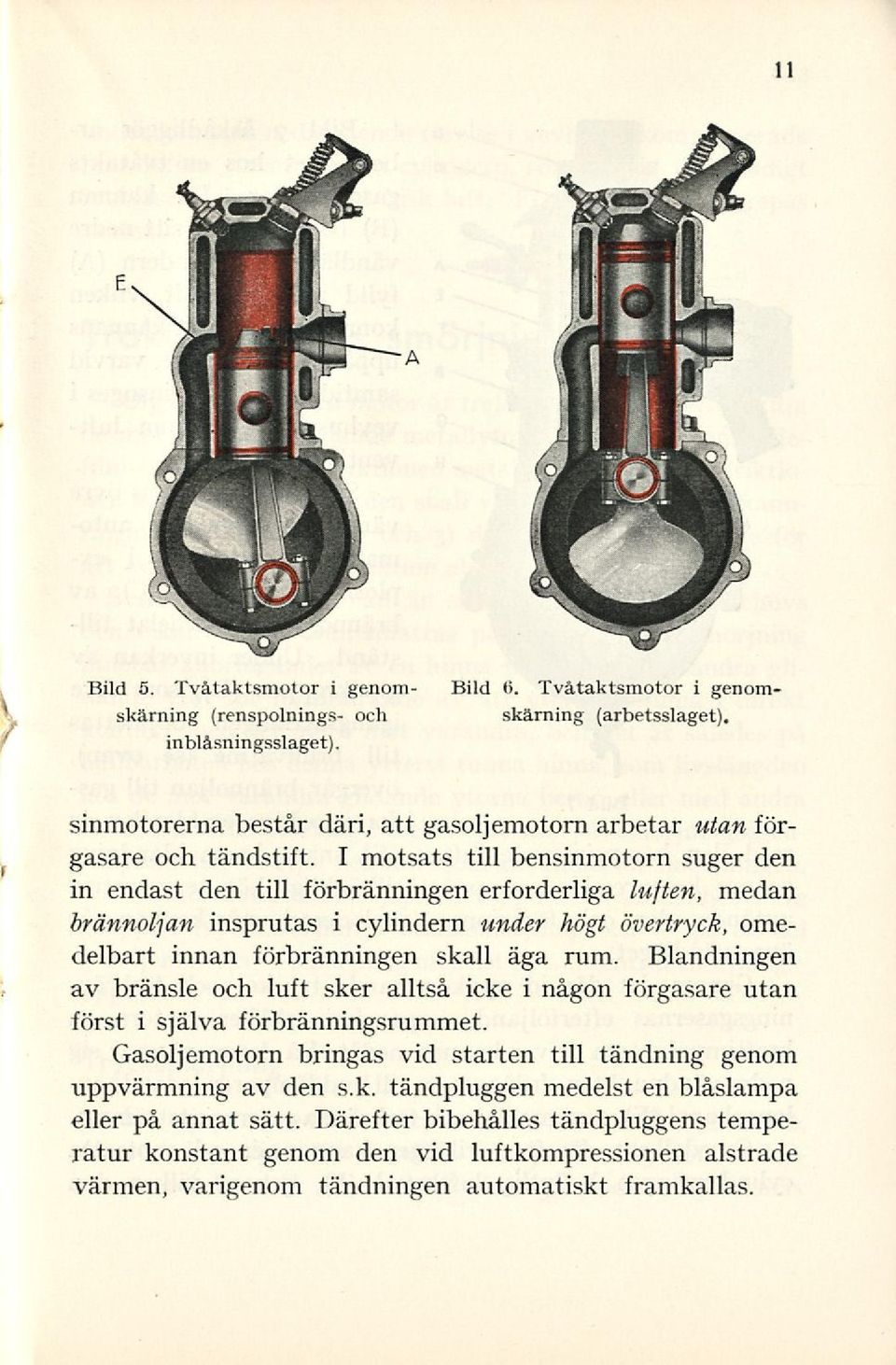 I motsats till bensinmotorn suger den in endast den till förbränningen erforderliga luften, medan brännoljan insprutas i cylindern under högt övertryck, omedelbart innan förbränningen skall äga rum.