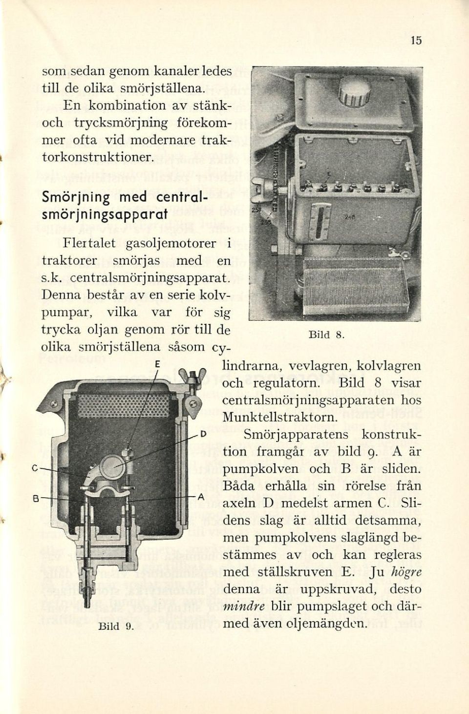olika smörjställena såsom cylindrarna, vevlagren, kolvlagren och regulatorn. Bild 8 visar centralsmörjningsapparaten hos Munktellstraktorn. Smörj apparatens konstruktion framgår av bild 9.