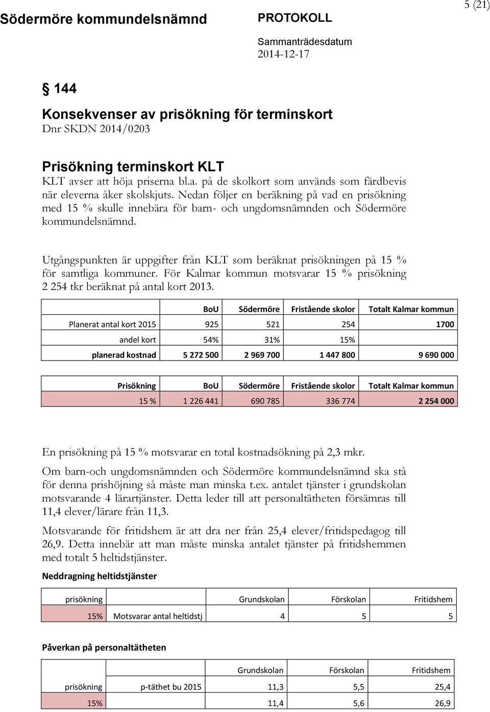 Utgångspunkten är uppgifter från KLT som beräknat prisökningen på 15 % för samtliga kommuner. För Kalmar kommun motsvarar 15 % prisökning 2 254 tkr beräknat på antal kort 2013.