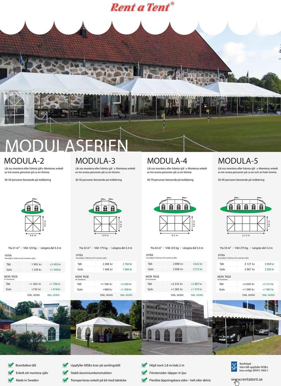 2 m Yta 32 m² / Vikt 175 kg / Längsta del 3.3 m Yta 42 m² / Vikt 225 kg / Längsta del 3.3 m Yta 53 m² / Vikt 275 kg / Längsta del 3.3 m 11.5 m MODULA-3 av två ovana personer på ca en timme.