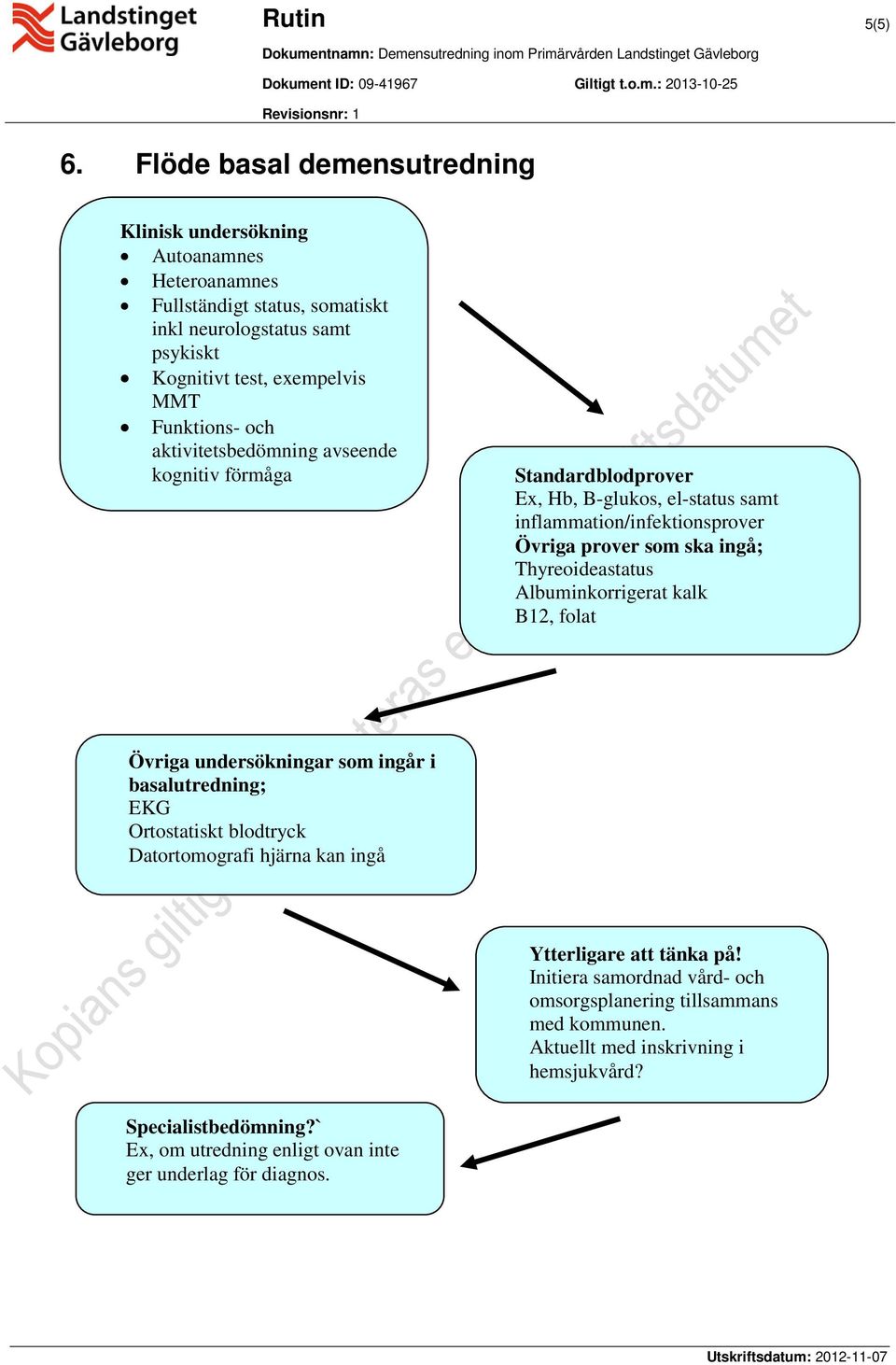 och aktivitetsbedömning avseende kognitiv förmåga Standardblodprover Ex, Hb, B-glukos, el-status samt inflammation/infektionsprover Övriga prover som ska ingå; Thyreoideastatus