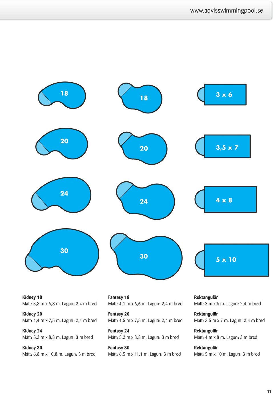 Lagun: 2,4 m bred Fantasy 20 Mått: 4,5 m x 7,5 m. Lagun: 2,4 m bred Fantasy 24 Mått: 5,2 m x 8,8 m. Lagun: 3 m bred Fantasy 30 Mått: 6,5 m x 11,1 m.