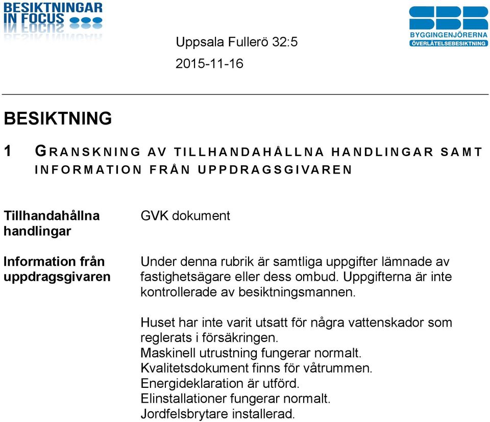 Uppgifterna är inte kontrollerade av besiktningsmannen. Huset har inte varit utsatt för några vattenskador som reglerats i försäkringen.