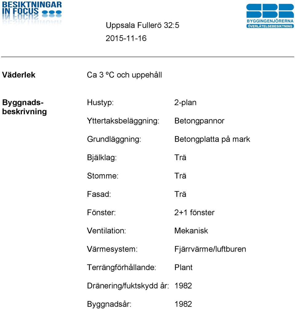 Terrängförhållande: Dränering/fuktskydd år: Byggnadsår: 2-plan Betongpannor