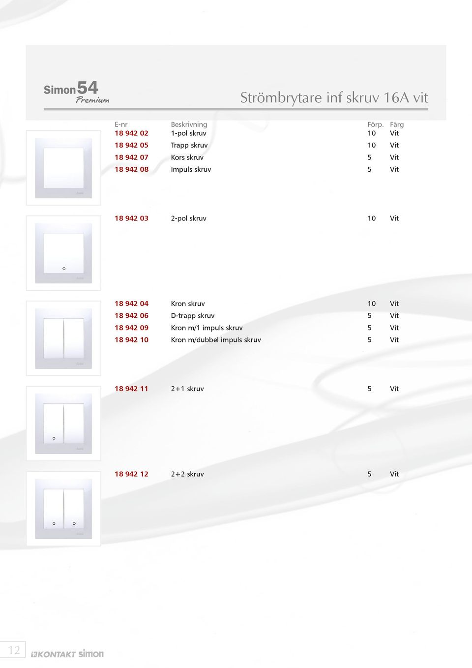 08 Impuls skruv 5 Vit 18 942 03 2-pol skruv 10 Vit 18 942 04 Kron skruv 10 Vit 18 942 06 D-trapp