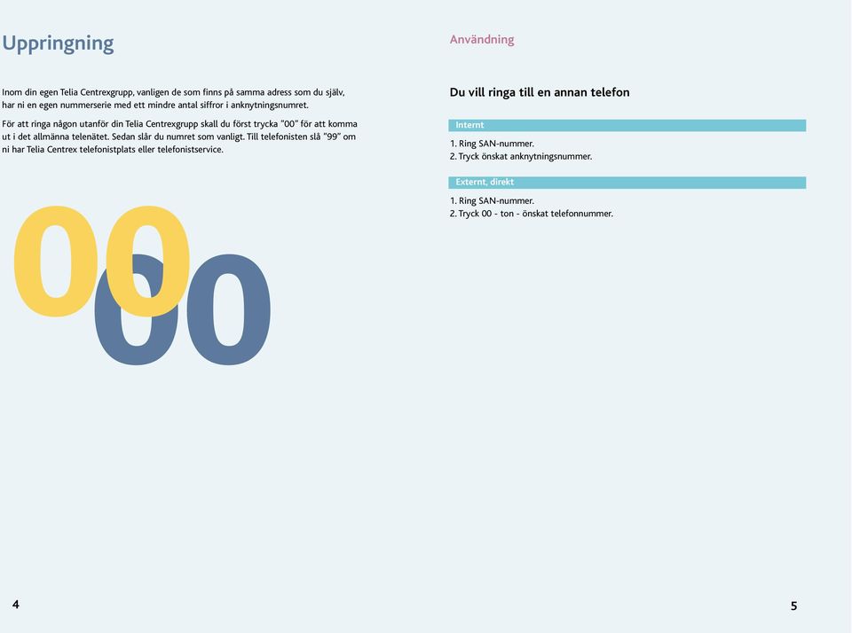 För att ringa någon utanför din Telia Centrexgrupp skall du först trycka 00 för att komma ut i det allmänna telenätet.