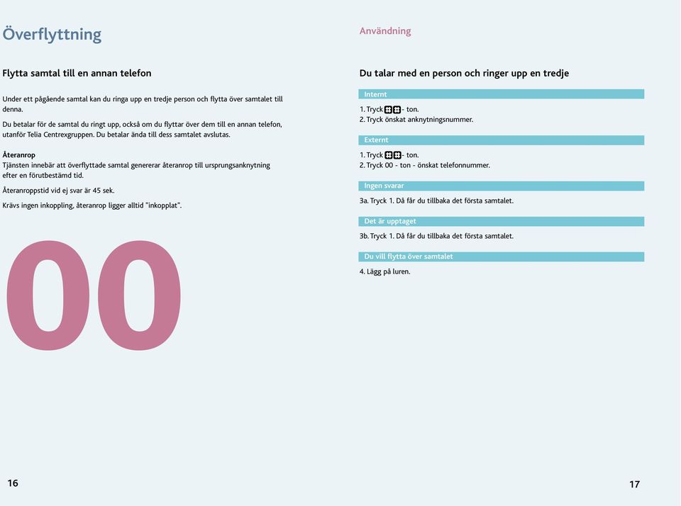 Återanrop Tjänsten innebär att överflyttade samtal genererar återanrop till ursprungsanknytning efter en förutbestämd tid. Återanroppstid vid ej svar är 45 sek.