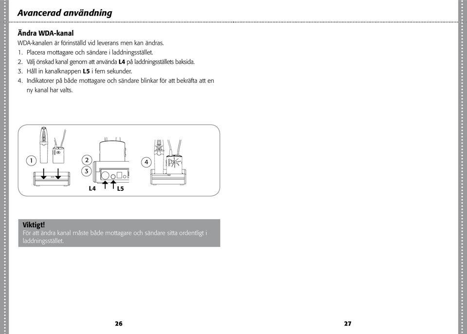 . Välj önskad kanal genom att använda L4 på laddningsställets baksida. 3. Håll in kanalknappen L5 i fem sekunder. 4.