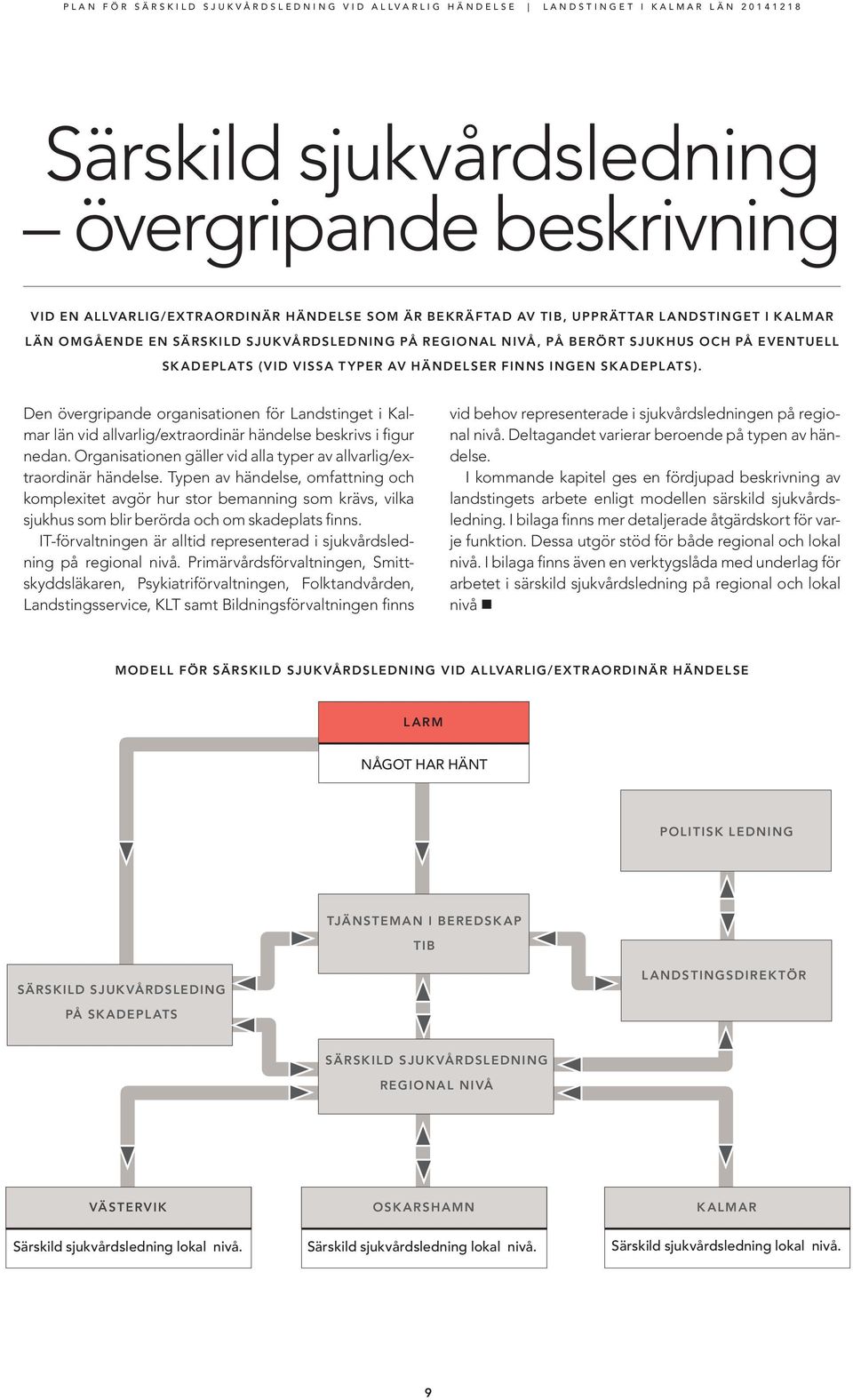 Den övergripande organisationen för Landstinget i Kalmar län vid allvarlig/extraordinär händelse beskrivs i figur nedan. Organisationen gäller vid alla typer av allvarlig/extraordinär händelse.